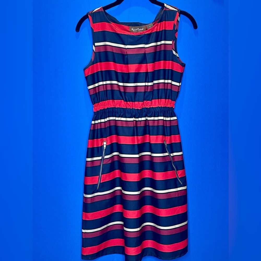 Modern Speed Control Striped Navy and Red Dress